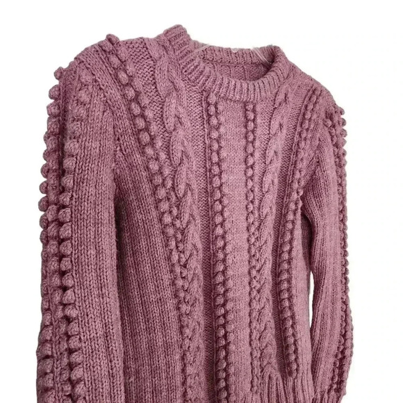 Handmade Wool Blend Sweater Women L Pink Pom Knit Cable Pullover Cottagecore - Picture 3 of 7